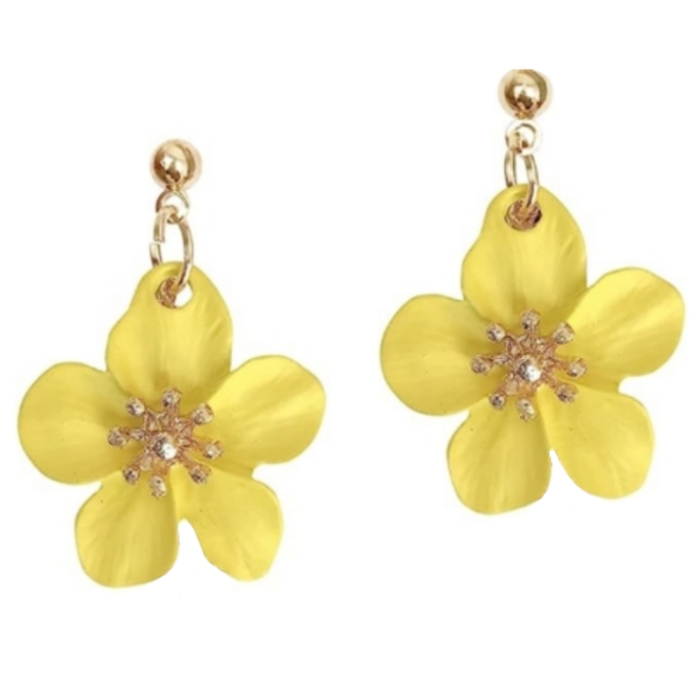 Sunny Yellow Matte Flower Blossoms Post Earrings 3D Hibiscus Flowers Dangle New